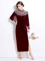 Long Sleeve Velvet Sequins Party Dress