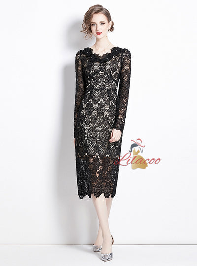 Lace V-neck Slim Mid-length Dress