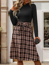 Stand-up Collar Slim Plaid Dress