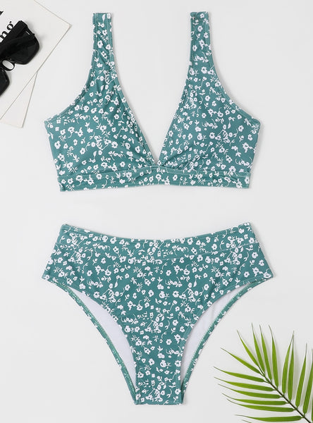 Split High Waist Leaf Printed Bikini