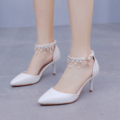 7 cm Thin-heeled Pointed Beaded Tassel Sandals