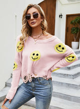 Loose Holes Long-sleeved V-neck Sweater