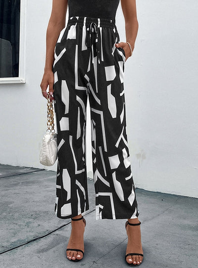 Elastic High Waist Printed Nine-point Pants