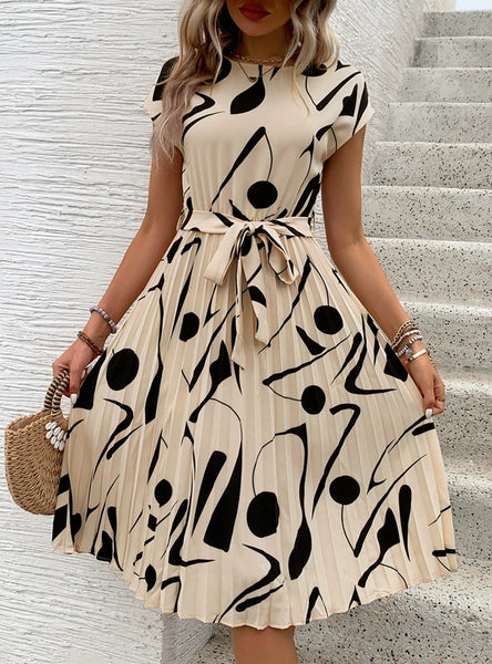 Medium and Long Geometric Printed Pleated Dress