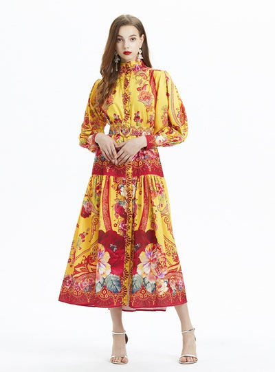 Printed Long-sleeved Silm Waist Ruffled Dress