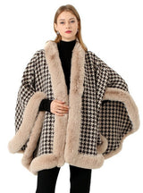 Large Fur Collar Houndstooth Wool Shawl Cloak