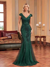 Dark Green Mermaid Sequins V-neck Prom Dress