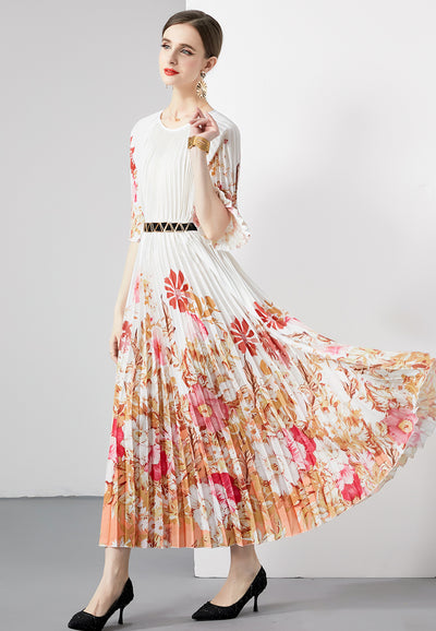 Loose Pleated Silm Waist Print Dress