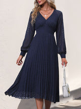 Long Sleeve V-neck Solid Color Dress