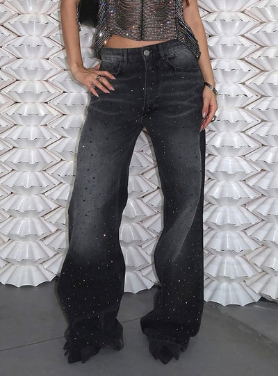 Gradient Rhinestone High Waist Loose Jeans