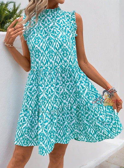 Round Neck Printed Sleeveless Vest Dress