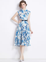 Polo Neck Sleeveless Porcelain Printed Dress