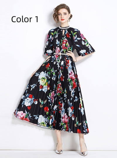 Retro Beaded Printed Pleated Dress