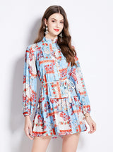 Printed Long-sleeved Retro Short Dress