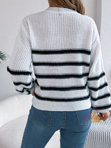 Contrasting Striped Pocket Lantern Sleeve Sweater