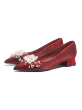 Satin Thick-heeled Pointed Pearl Wedding Shoes