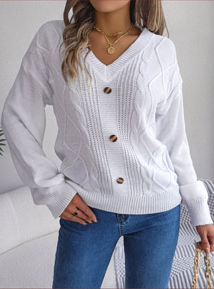 Solid Color V-neck Button Twist Lantern Sleeve Sweater