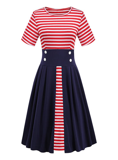 Striped Stitching Retro Contrast Dress