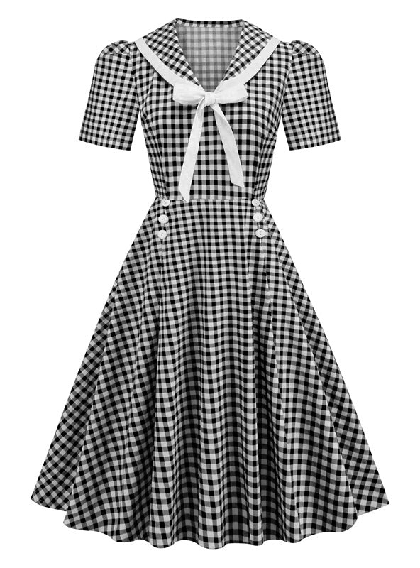 Plaid Stitching Hepburn Retro Dress