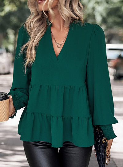 Long Sleeve Ruffled Top V-neck Shirt