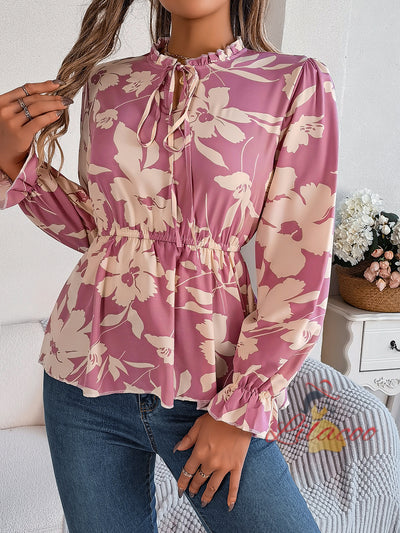 Casual Flower Lace-up Long-sleeved Chiffon Blouse