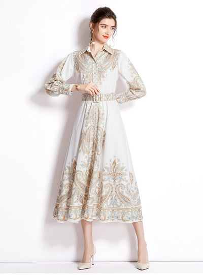 Printed Long Sleeve High Waist Slim Dress