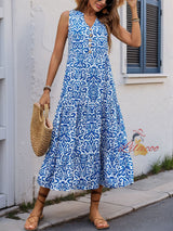 V-neck Button Printed Sleeveless Dress