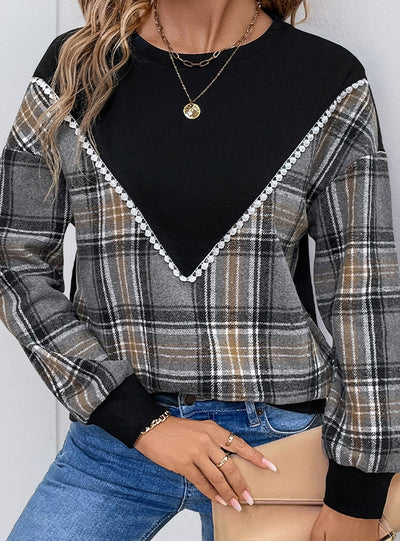 Plaid Sitching Round Neck Top