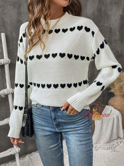 Knitted White Long-sleeved Love Heart Sweater