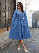 V-neck Flared Sleeve Long Sleeve Dress