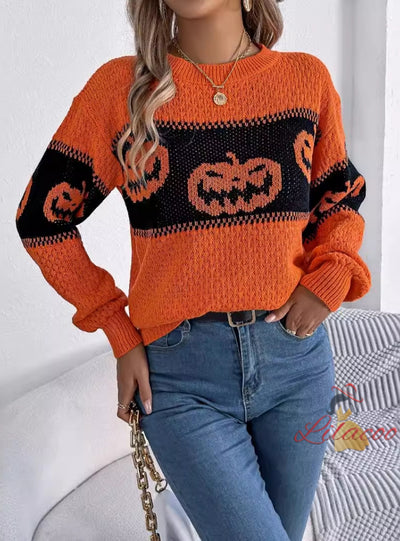 Halloween Pumpkin Contrast Long Sleeve Sweater