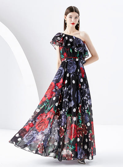 One Shoulder Chiffon Print Dress