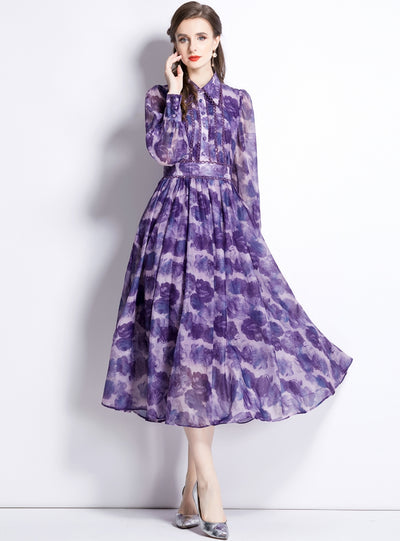 Long Sleeve Lapel Slim Printed Dress