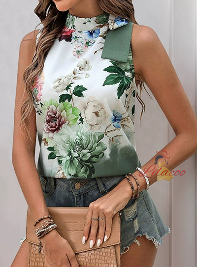 Printed Sleeveless Halter Lace-up Shirt