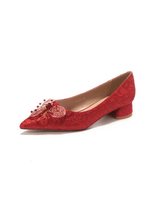 Short-heeled Lace Flower Pointed Shoes