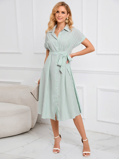 Lapel V-neck Striped Dress with Belt