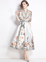 Vintage Palace Style Printed V-neck Big Swing Dress