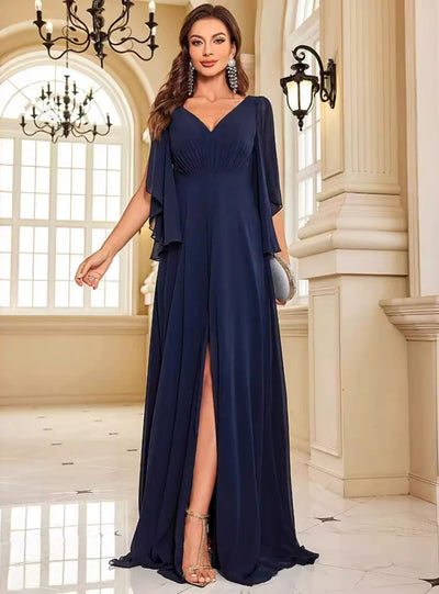 Navy Blue Chiffon Short Sleeve Prom Dress