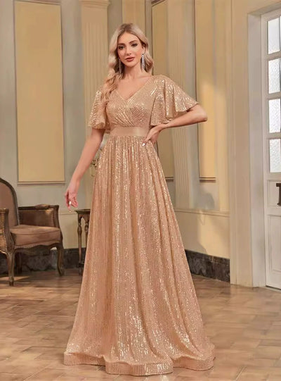 Gold Sequins V-neck Short Sleeve Prom Dress