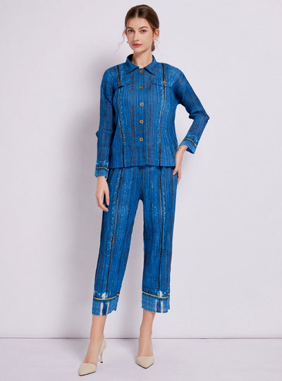 Denim Printed Pleated Jacket Pants Two-piece Suit