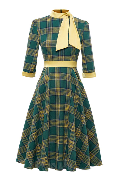 Plaid Turtleneck Bow Retro Dress