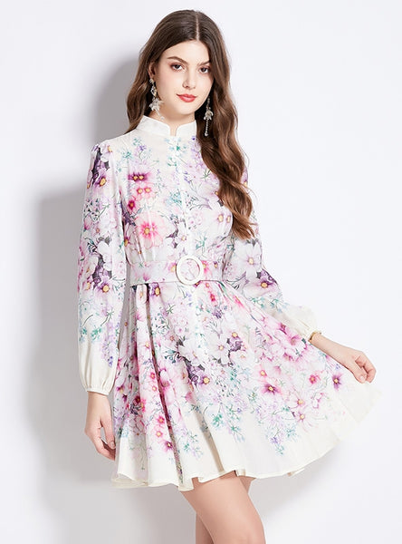 Floral National Stand-up Collar Lantern Sleeve Printed Dress