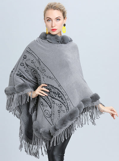 Fur Collar Jacquard Cloak Fringed Shawl