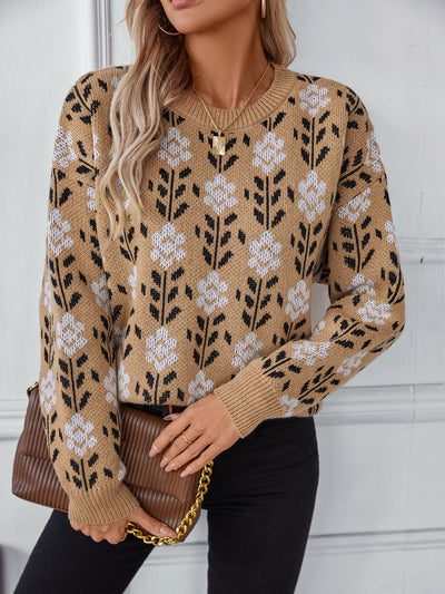 Ladies Flower Jacquard Pullover Sweater