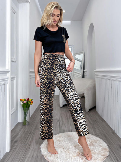 Waist-exposed Short-sleeved Leopard Print Trousers Suit