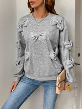 Bow Stitching Gray Round Neck Top