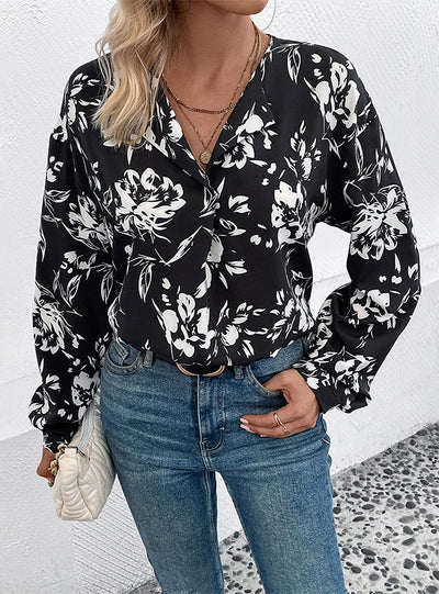 V-neck Loose Print Long Sleeve Shirt