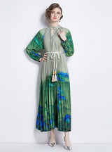 Printed Lantern Sleeve Pleated Tassel Belt Dress