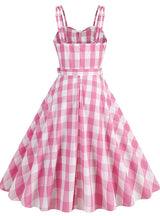 Retro Belt Pink Plaid Suspender Dress