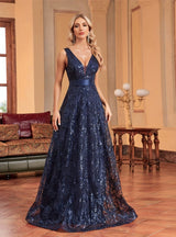 Navy Blue Sequins V-neck Prom Dress